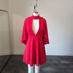 Madisonne Plunging V Neckline Fit & Flare Cape Dress Red S party cocktail sexy